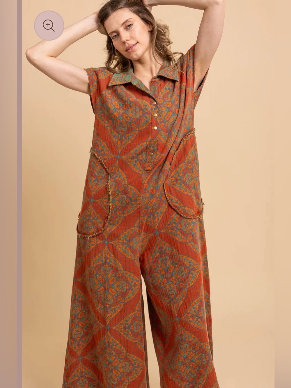 Blue Velvet Wide-Leg Printed Jumpsuit in Rust (Reversible)